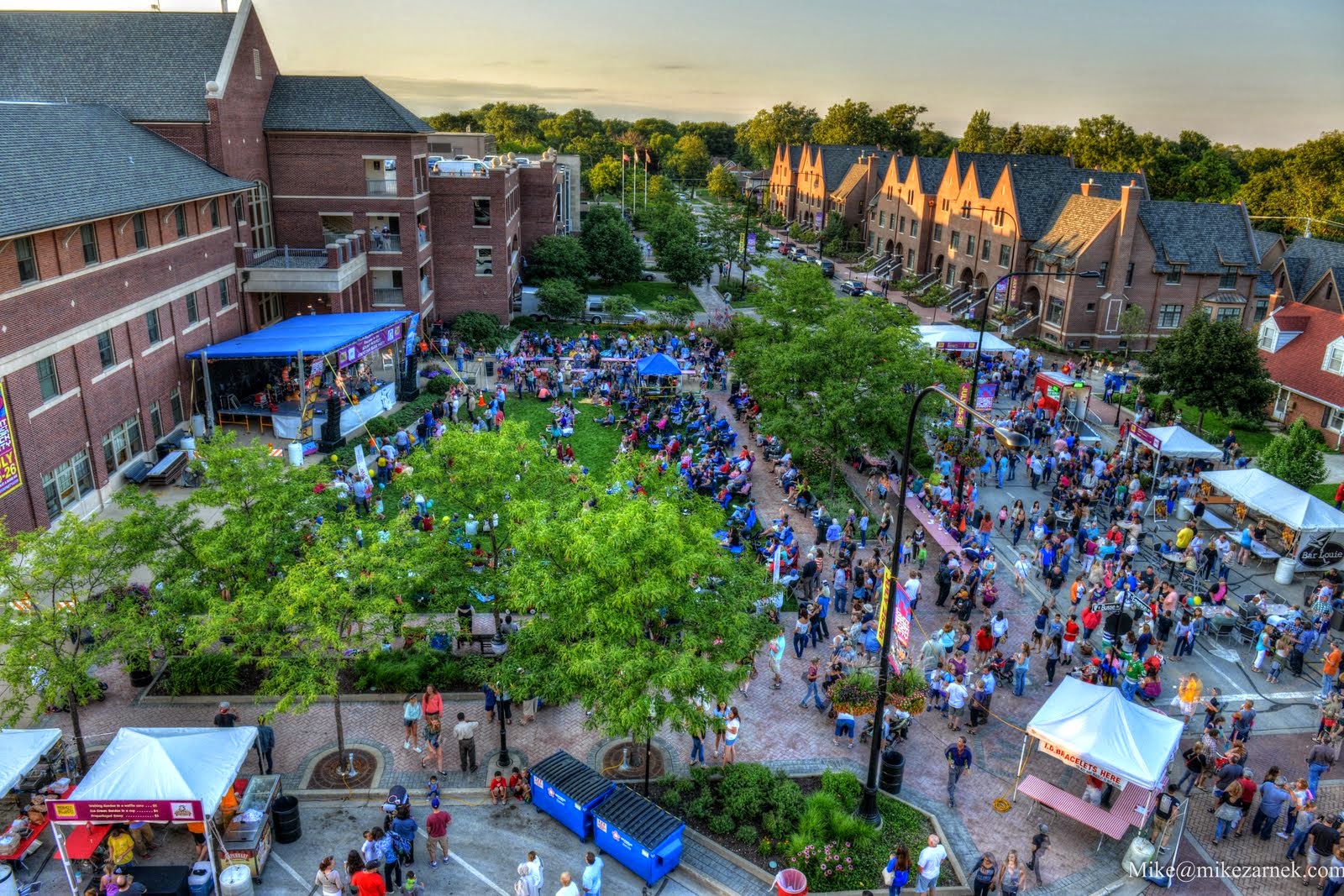 Block Party Crowd Shot Sun Setting Village Hall